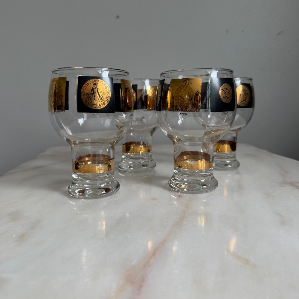 Vintage Federal Glass Coin Medallion Gold Black Footed Glasses Set of 4 MCM